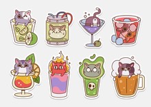 Vector Cat Stickers. Illustrations Of Drinks With Cute Cats. Alcohol Drinks And Coctails.