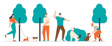 People Spending Time With Pets Outdoors. Male And Female Characters Walking And Training Dogs In Summer Park, Relaxing Leisure, Communication Love, Care Of Animals. Cartoon Flat Vector Illustration