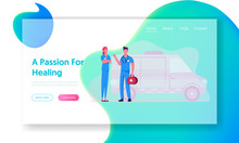 Ambulance Medical Staff And Car Service Website Landing Page. Emergency Paramedic Doctor Characters Stand At Automobile, Health Care Medics Occupation Web Page Banner. Cartoon Flat Vector Illustration