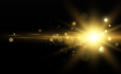 Poster - Beautiful golden vector illustration of a star on a translucent background with gold dust and glitters. A magnificent light base for your design.