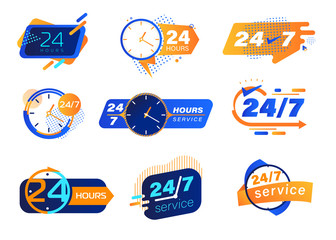 24-7 Service Icons Set. Buttons, Tags or Stickers with Clocks and Typography. Labels for Posters and Banners Design. All-time Maintenance Noctidial Customer Support and Assistance Vector Illustration