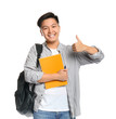 © Pixel-Shot - Portrait of Asian student showing thumb-up gesture on white background