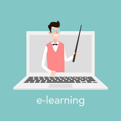 Poster - E-learning concept for online school. Vector laptop on blue background. Vector illustration