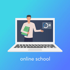Poster - Teaching online concept for online school. Vector laptop on blue background. Vector illustration