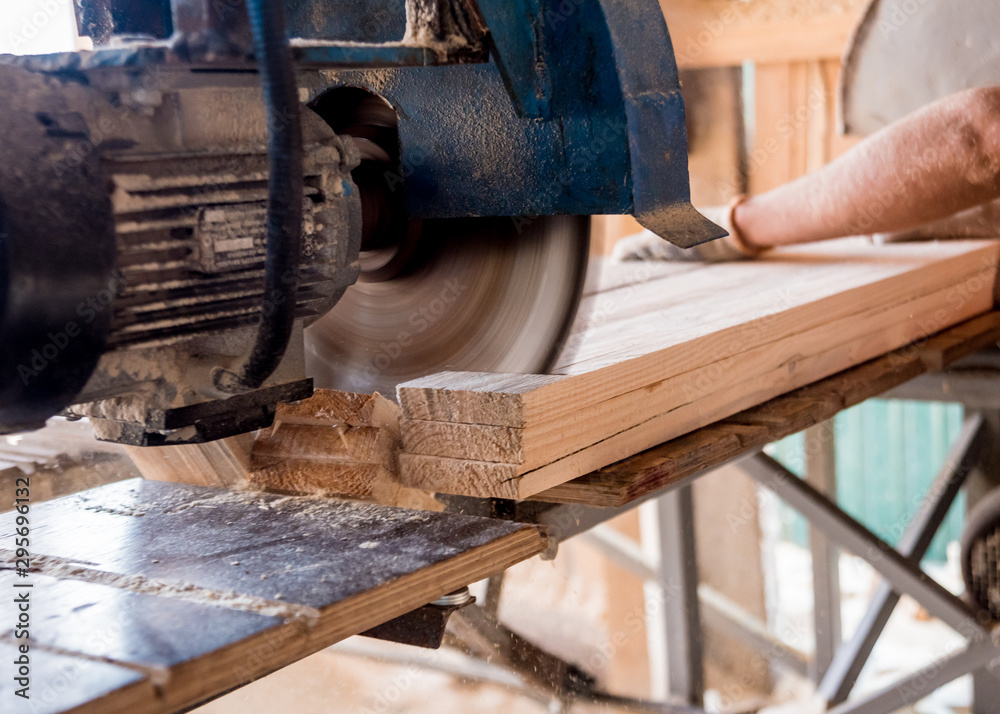 Modern sawmill. A carpenter works on woodworking the machine tool. - obrazy, fototapety, plakaty 