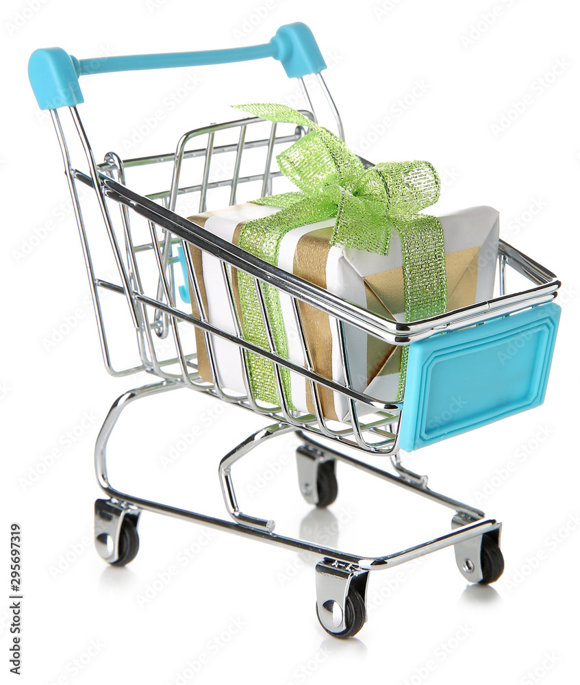 Small shopping cart with gift box on white background