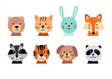 Fototapeta Pokój dzieciecy - Cute animal hand drawn faces set on white background. Cartoon characters of bear, cat, bunny, fox, raccoon, tiger, dog, panda. Perfect for baby or kid design. Vector illustration
