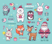 Set Of Cute Cartoon Christmas Characters, Colorful Vector Illustration With Cute Animals And Santa Wishing Merry Christmas