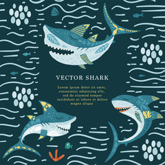  Cartoon Vector Shark Family Illustration. Sea Fish Ocean Animal Card with Place for Your Text.