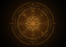 Wheel Of The Year Is An Annual Cycle Of Seasonal Festivals, Observed By Many Modern Pagans. Wiccan Calendar And Holidays. Compass With In The Middle Pentagram Symbol, Names In Celtic Of The Solstices