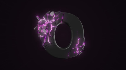 strangely cracked O letter. technological and mystical look with glowing inside details. 3d illustration