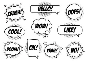 Wall Mural - retro comic speech bubbles set on white background. expression text bang, crash, no, hello, yeah, oo