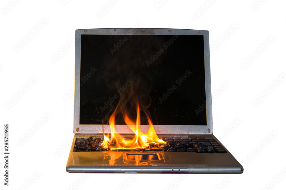Burning laptop and keyboard, equipment fire due to faulty battery and ...