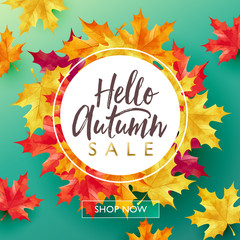 Autumn seasonal sale discount marketing design layout. Hello autumn banner concept. Maple theme design on green gradient background. Vector illustration template.