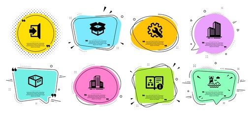 Poster - Open box, Lighthouse and Buildings line icons set. Chat bubbles with quotes. Office box, Exit and Skyscraper buildings signs. Technical algorithm, Customisation symbols. Vector
