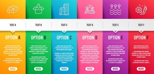 Poster - evaporation, skyscraper buildings and court building line icons set. infographic timeline. get box, 