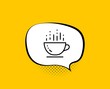 Coffee cup line icon. Comic speech bubble. Hot cappuccino sign. Tea drink mug symbol. Yellow background with chat bubble. Coffee cup icon. Colorful banner. Vector