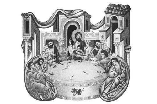 Holy Communion. The Last Supper illustration in Byzantine style