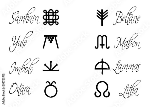 Fotografía symbols of the Celtic calendar, names in Celtic of the solstices