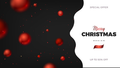 Canvas Print - Merry Christmas black background, abstract festive banner with red balls 3d vector design