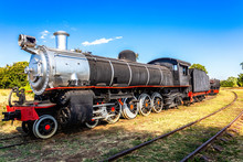 Old Retro Steel Locomotive Train Standing On The Rails In Livingstone, Zambia