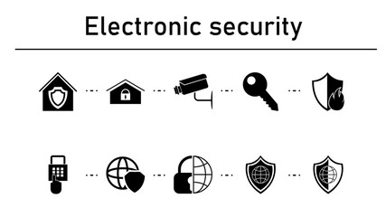 Poster - Electronic security simple concept icons set. Contains such icons as home shield, lock, security camera, web key, fire protection on white background