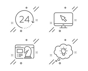 24 hours, Internet and Seo strategy line icons set. Energy sign. Time, Monitor with cursor, Chess knight. Lightbulb. Technology set. Line 24 hours outline icon. Vector