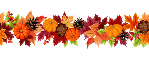 Wall Mural - vector horizontal seamless background with orange pumpkins, pinecones and colorful autumn leaves.