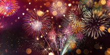 Colorful Firework With Bokeh Background. New Year Celebration, Abstract Holiday Background