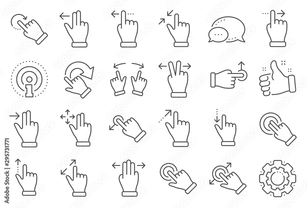 Touchscreen gesture line icons. Hand swipe, Slide gesture, Multitasking icons. Touchscreen technology, tap on screen, drag and drop. Smartphone mobile app or user interface. Line signs set. Vector - obrazy, fototapety, plakaty 