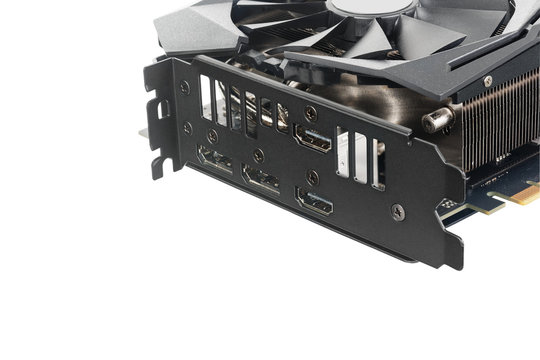 Modern computer graphics card isolated on white background. Close-up connections: display port, hdmi.
