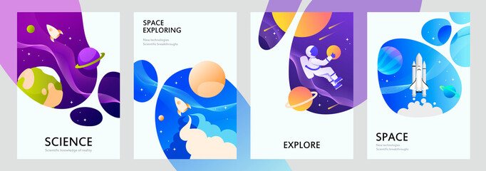 Space explore and science. Astronaut in space. Set of modern templates for banners, covers, cards, posters, brochures. Vector illustration.