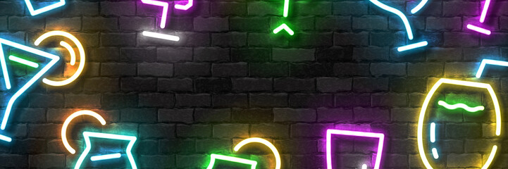 Wall Mural - Vector realistic isolated neon sign of Cocktail flyer logo for template decoration and covering on the wall background. Concept of free drinks, happy hour and night club.