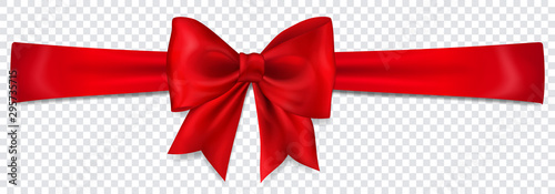 Cuadros en Lienzo Beautiful red bow with horizontal ribbon with shadow on transparent background