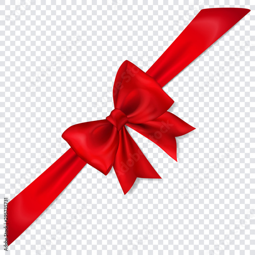 Cuadros en Lienzo Beautiful red bow with diagonally ribbon with shadow on transparent background