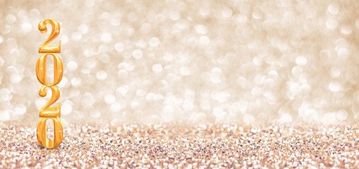 Poster - happy new year 2020 year gold number ( 3d rendering ) at sparkling golden glitter studio background ,Holiday Greeting card.Banner mock up for display of design