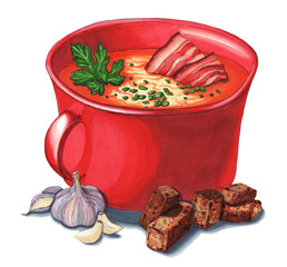 Tomato cream soup with smoked bacon, croutons and garlic. Great for menu design, greeting cards and design.