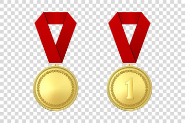 Vector 3d Realistic Gold Award Medal Icon Set with Color Ribbon Closeup Isolated on Transparent Background. Design Template, Mockup. Blank and The First Place, Prize. Sport Tournament, Victory Concept