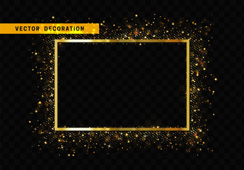Wall Mural - gold frame with glowing lights and sparkle bokeh effects, isolated on background. shining golden gli