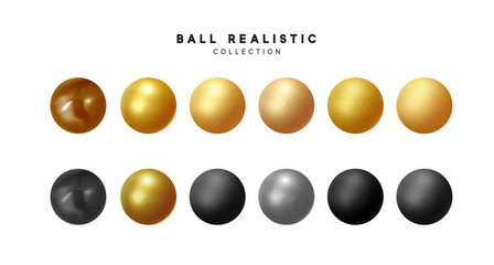 Poster - Set of 3d render balls. Round Sphere, geometric objects, pearl made of metal and plastic. Balls matte and glossy, gold and beige, black brown, silver colors. vector illustration