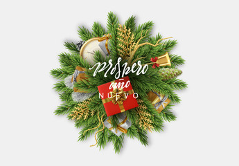 Wall Mural - Christmas background. Design Bundle of pine branches into a round sphere and the holiday Xmas decoration object, gift boxes, antique clocks, golden bell