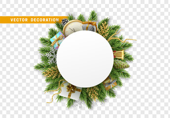 Wall Mural - Christmas banner. Design vector Bundle of pine branches. Background Xmas decoration, object, gift boxes, antique clocks, golden bell. Covered with snow and bright gold confetti