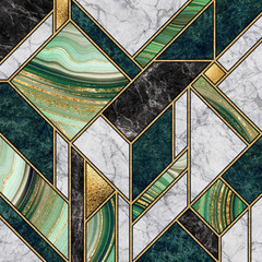 modern abstract marble mosaic background, art deco wallpaper, artificial stone texture, green gold marbled tile, geometrical fashion marbling illustration