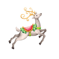  Christmas reindeer with festive saddle and golden antlers. Watercolor illustration. Northern deer jumping. Animal clip art isolated on white background.