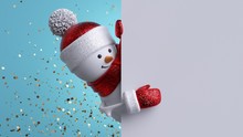 Christmas Background. 3d Snowman Holding White Board. Winter Holiday Blank Banner Template. Happy New Year Greeting Card Mockup. Funny Festive Character.