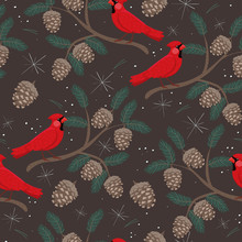 Seamless Pattern With Cardinal Birds And Cones.
