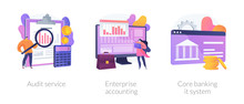 Financial Analysis Icons Set. Company Analysts, Accountants Cartoon Characters. Audit Service, Enterprise Accounting, Core Banking It System Metaphors. Vector Isolated Concept Metaphor Illustrations