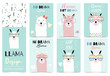 Collection of animal background set with llama,cactus.Editable vector illustration for birthday invitation,postcard and sticker.Wording include llama not drama
