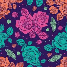 Vector Purple Roses And Berries Seamless Pattern. Colorful Neon Flowers With Dark Background. Perfect For Fabric, Scrapbooking And Wallpaper Projects.