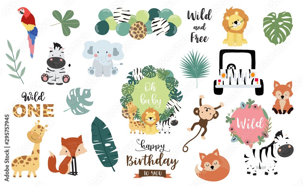 Safari object set with fox,giraffe,zebra,lion,leaves,elephant. illustration for logo,sticker,postcard,birthday invitation.Editable element - obrazy, fototapety, plakaty 